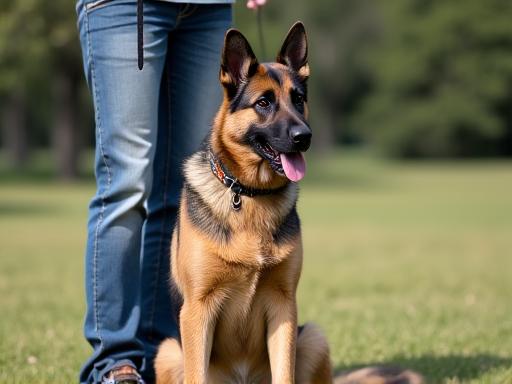 A well-behaved German Shepherd sitting patiently next to its owner during an obedience class.