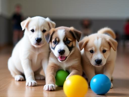 A group of diverse puppies playing together in a training facility.